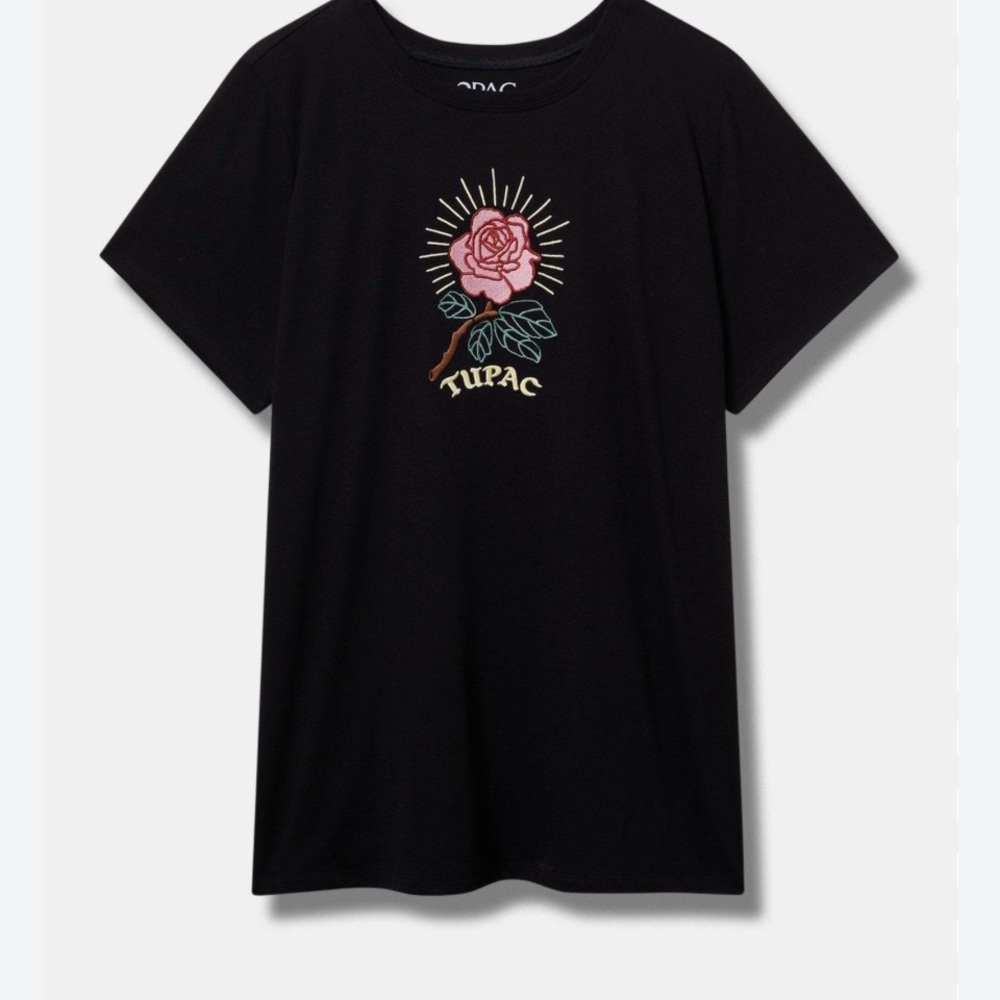 TUPAC Black Graphic T-Shirt with Rose Design